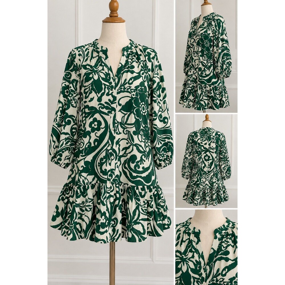 Zara Floral Print Tiered Mini Dress Green White Long Sleeve NWT L